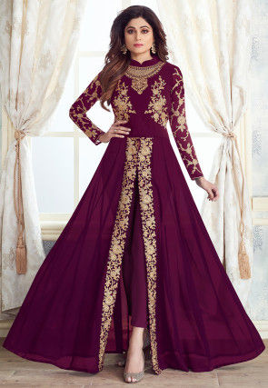 Embroidered Georgette Abaya Style Suit in Wine
