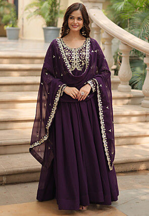 Embroidered Georgette Abaya Style Suit in Wine