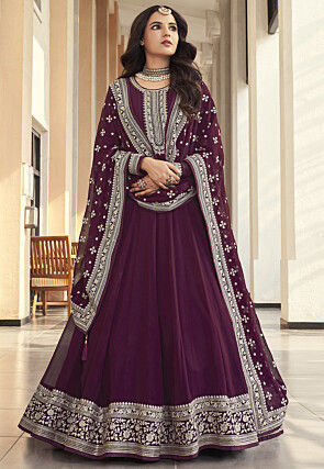 Embroidered Georgette Abaya Style Suit in Wine