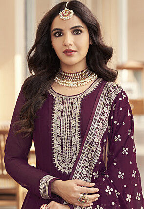 Embroidered Georgette Abaya Style Suit in Wine