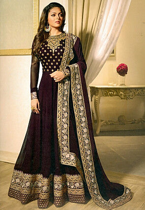 Embroidered Georgette Abaya Style Suit in Wine