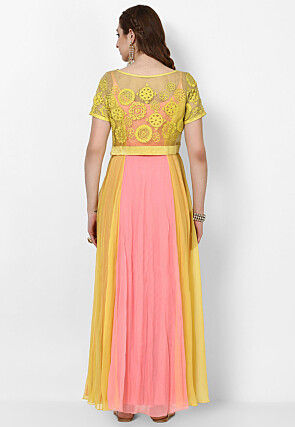 Embroidered Georgette Abaya Style Suit in Yellow and Baby Pink