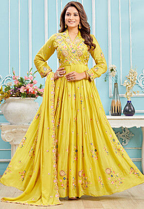 Embroidered Georgette Abaya Style Suit in Yellow