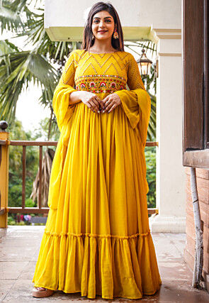 Embroidered Georgette Abaya Style Suit in Yellow