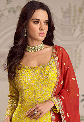 Embroidered Georgette Abaya Style Suit in Yellow