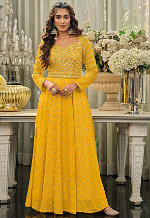 Embroidered Chinon Chiffon Abaya Style Suit in Mustard