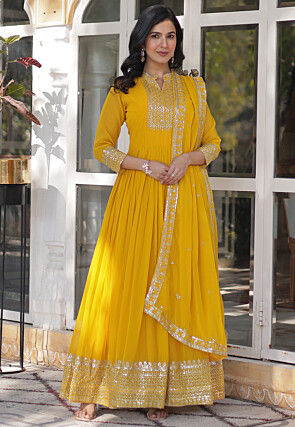 Embroidered Georgette Abaya Style Suit in Yellow