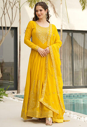 Embroidered Georgette Abaya Style Suit in Yellow