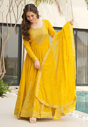 Embroidered Georgette Abaya Style Suit in Yellow
