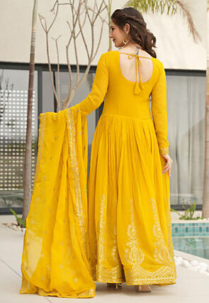 Embroidered Georgette Abaya Style Suit in Yellow