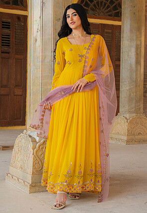 Embroidered Georgette Abaya Style Suit in Yellow