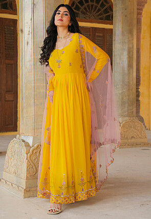 Embroidered Georgette Abaya Style Suit in Yellow