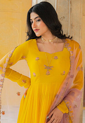 Embroidered Georgette Abaya Style Suit in Yellow