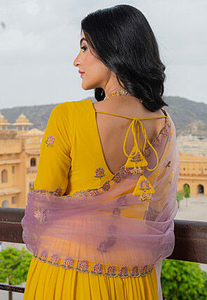Embroidered Georgette Abaya Style Suit in Yellow