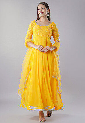 Embroidered Georgette Abaya Style Suit in Yellow