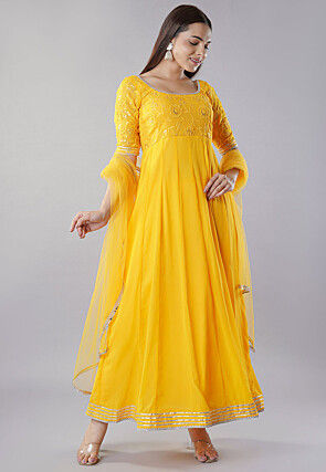 Embroidered Georgette Abaya Style Suit in Yellow