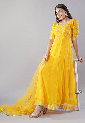 Embroidered Georgette Abaya Style Suit in Yellow