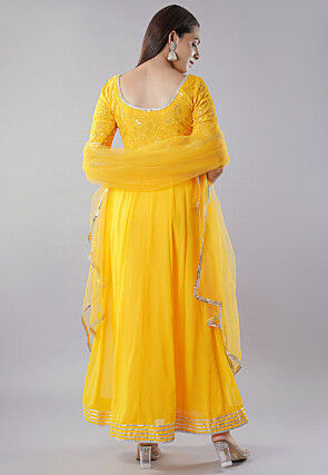 Embroidered Georgette Abaya Style Suit in Yellow