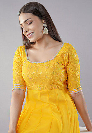 Embroidered Georgette Abaya Style Suit in Yellow