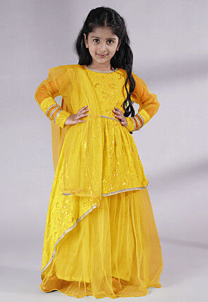 Embroidered Georgette Abaya Style Suit in Yellow