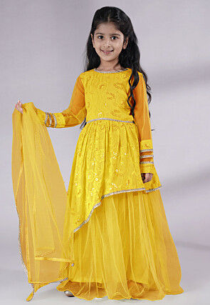 Embroidered Georgette Abaya Style Suit in Yellow