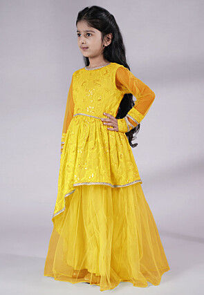 Embroidered Georgette Abaya Style Suit in Yellow