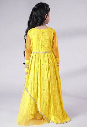 Embroidered Georgette Abaya Style Suit in Yellow