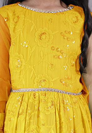 Embroidered Georgette Abaya Style Suit in Yellow