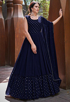 Embroidered Georgette Abaya Style Suit With Jacket in Blue