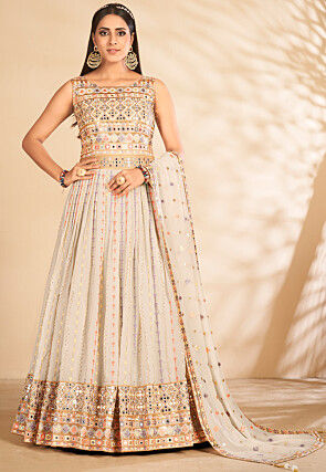 Embroidered Georgette Abaya Style Suit in Cream