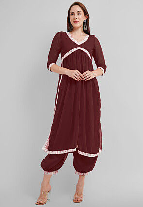 Embroidered Georgette Alia Cut Kurta in Maroon