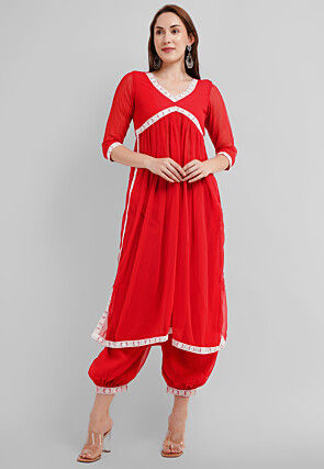 Embroidered Georgette Alia Cut Kurta in Red