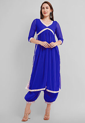 Embroidered Georgette Alia Cut Kurta in Royal Blue