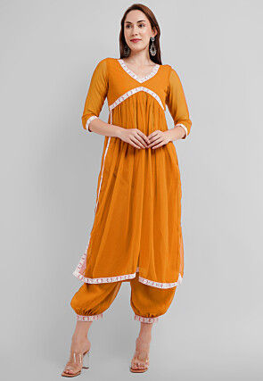 Embroidered Georgette Alia Cut Kurta Set in Mustard