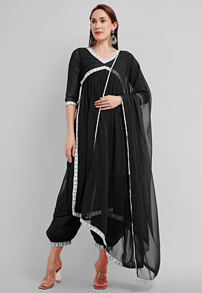 Embroidered Georgette Alia Cut Punjabi Suit in Black