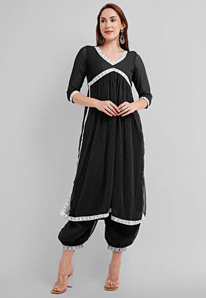 Embroidered Georgette Alia Cut Punjabi Suit in Black