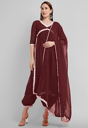 Embroidered Georgette Alia Cut Punjabi Suit in Dark Brown