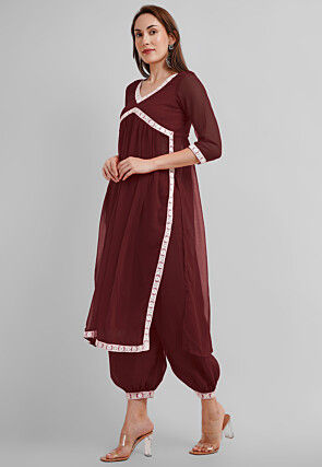 Embroidered Georgette Alia Cut Punjabi Suit in Dark Brown