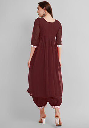 Embroidered Georgette Alia Cut Punjabi Suit in Dark Brown