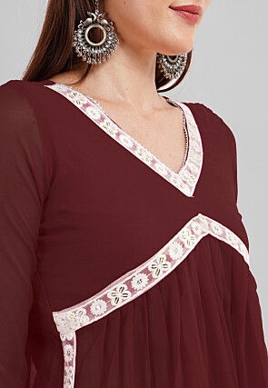 Embroidered Georgette Alia Cut Punjabi Suit in Dark Brown