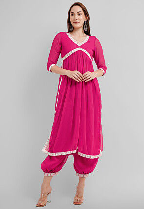Embroidered Georgette Alia Cut Punjabi Suit in Fuchsia