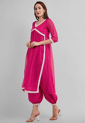 Embroidered Georgette Alia Cut Punjabi Suit in Fuchsia