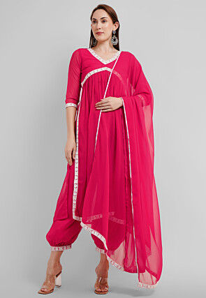 Embroidered Georgette Alia Cut Punjabi Suit in Neon Fuchsia