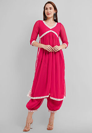 Embroidered Georgette Alia Cut Punjabi Suit in Neon Fuchsia