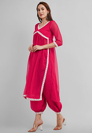 Embroidered Georgette Alia Cut Punjabi Suit in Neon Fuchsia