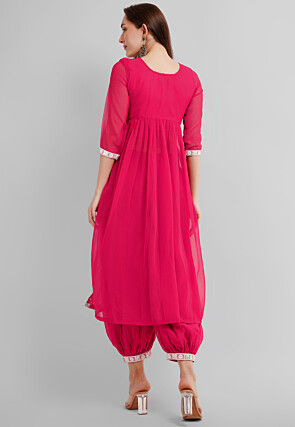 Embroidered Georgette Alia Cut Punjabi Suit in Neon Fuchsia