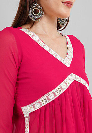 Embroidered Georgette Alia Cut Punjabi Suit in Neon Fuchsia