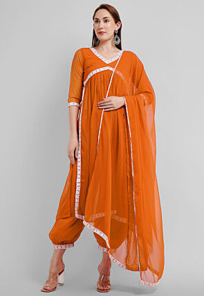 Embroidered Georgette Alia Cut Punjabi Suit in Orange