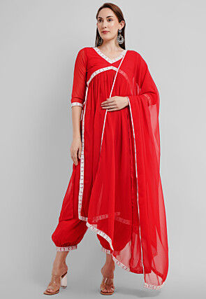 Embroidered Georgette Alia Cut Punjabi Suit in Red