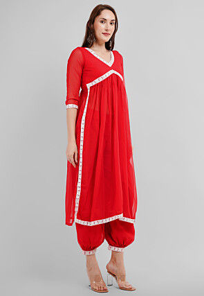 Embroidered Georgette Alia Cut Punjabi Suit in Red